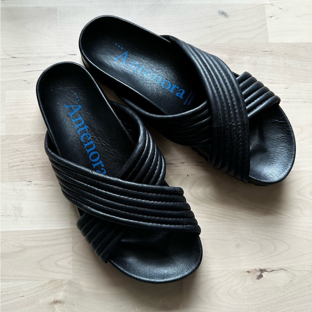 Channel-stitched leather slide sandals